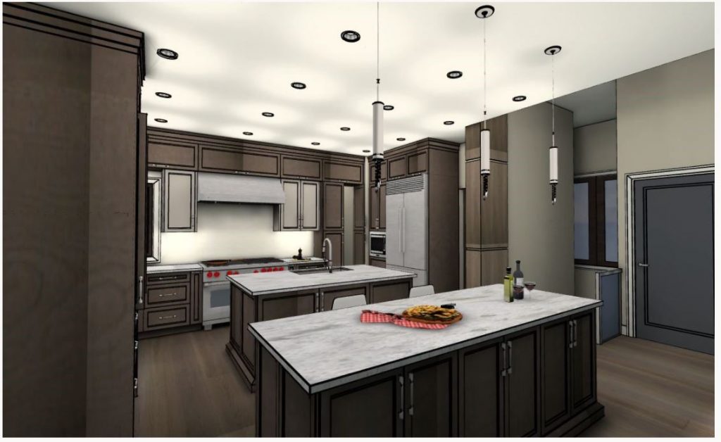 Interior design and layout of kitchen with rendering of finishing